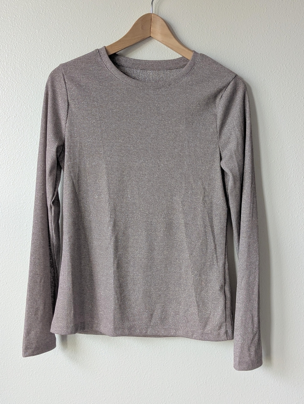 A New Day Shimmery Long Sleeve T-shirt in Brown Gray Mauve with Silver Size M